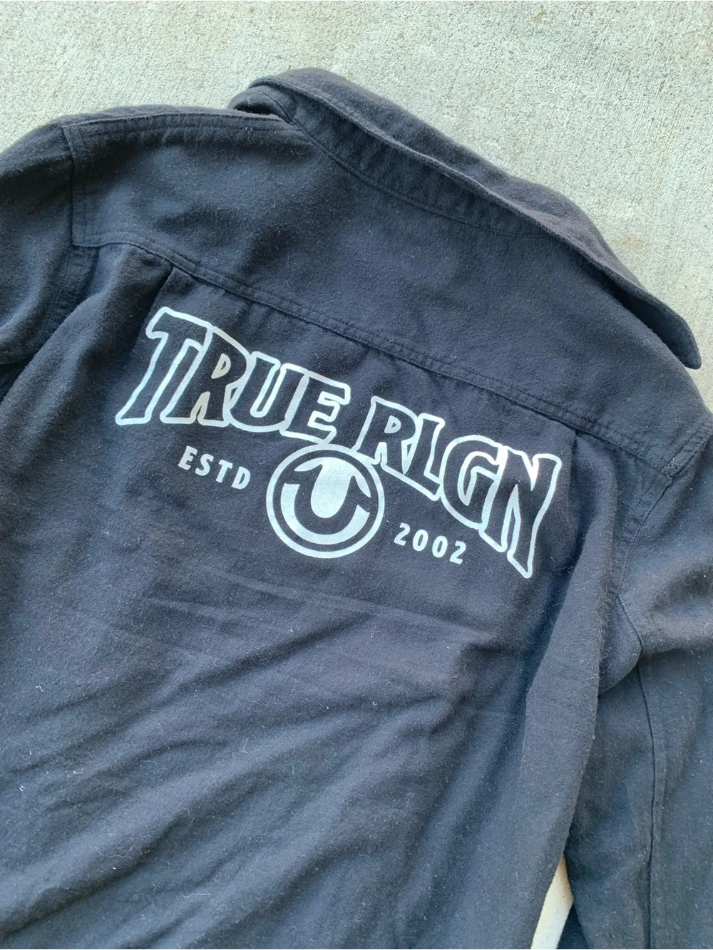 True Religion Black Long Sleeve Shirt with White Logo on Back
